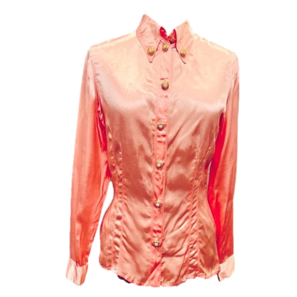 Vintage Versace Jeans Womens Fitted Satin Button Down Blouse Shirt Coral XS